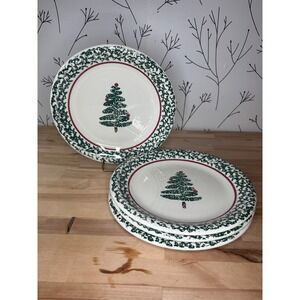 Furio Italy Christmas Tree Dinner Plates Set of 4 Green Sponged Red Rim 10.5in